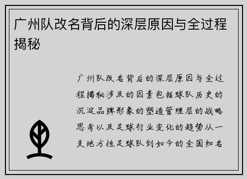 广州队改名背后的深层原因与全过程揭秘