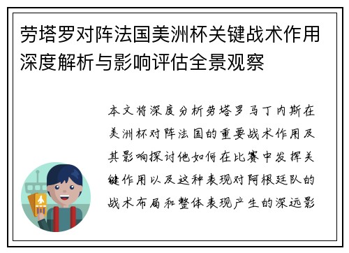 劳塔罗对阵法国美洲杯关键战术作用深度解析与影响评估全景观察